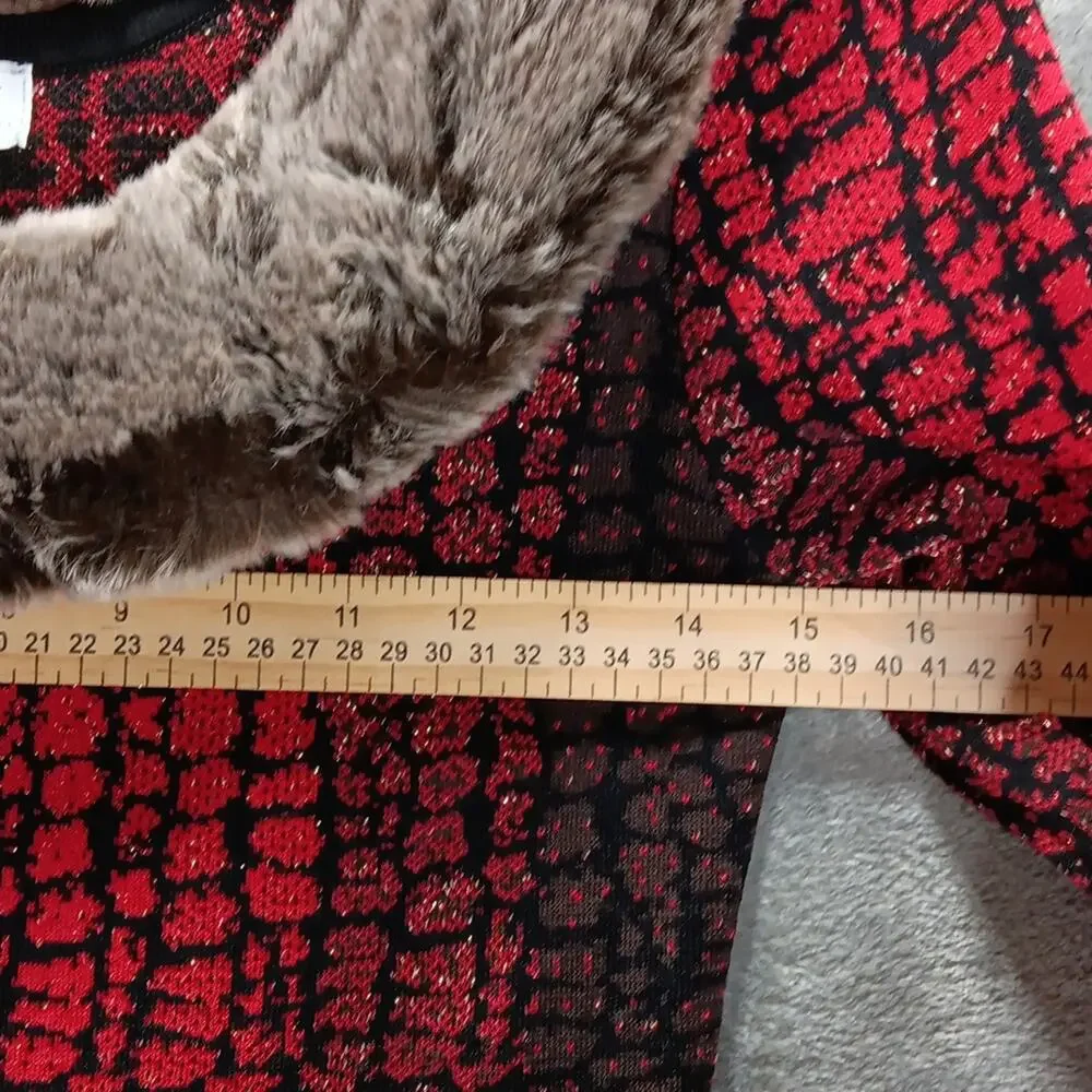 Carmen Marc Valvo Sweater w/ Faux Fur Collar Red‎ & Black Women's Size Small